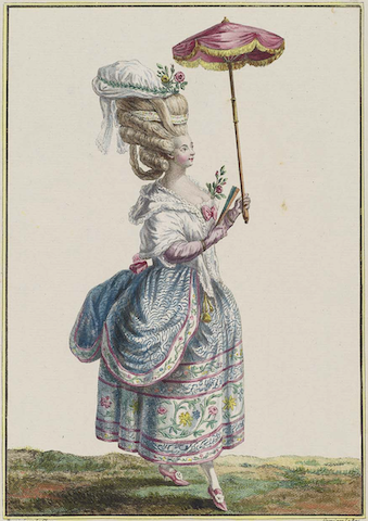 woman with tall hair, fan, and parasol