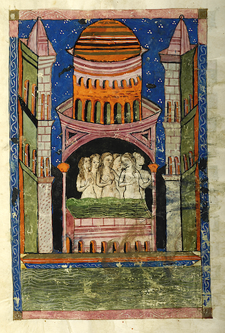 manuscript illustration of six women bathing together in a whimsical tower
