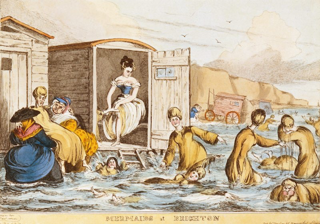 bathers and woman emerging from bathing machine, labeled "Mermaids at Brighton"