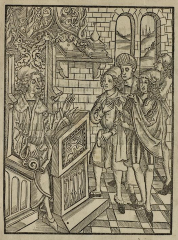 engraving of master in fancy chair gesturing at four standing students