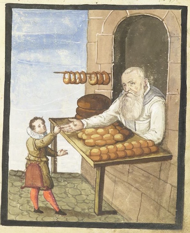 illustration of old man selling bread through window to oddly tiny customer