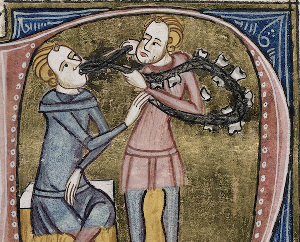 manuscript illustration of dentist extracting patient's teeth, which appear to be on a string