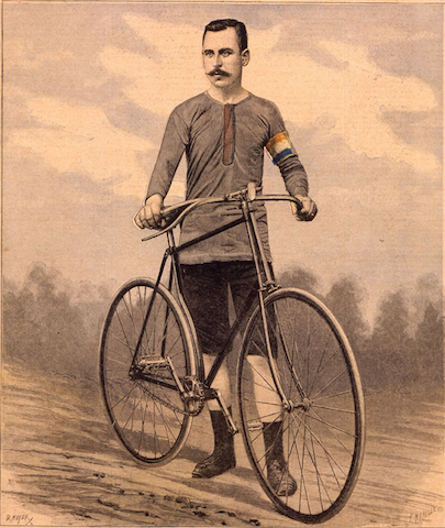 intense man with mustache standing at bicycle