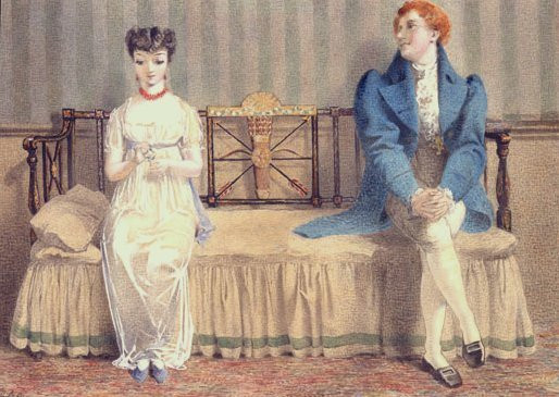 red-haired dandy and dark-haired lady on a couch