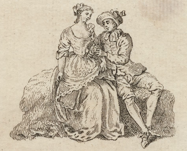engraving of man and woman lounging amorously