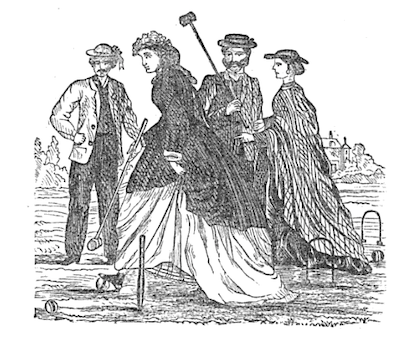 group of men and women on croquet lawn with mallets