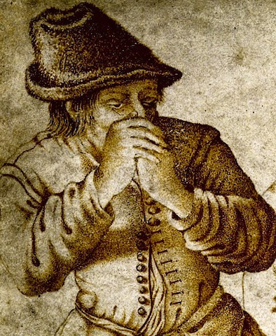 grim-looking figure with hands clasped over mouth