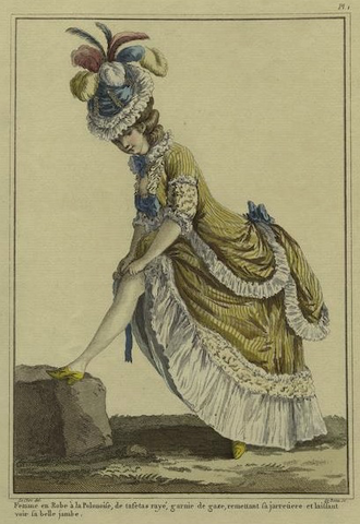 engraving of woman in frilly clothes revealing her calf