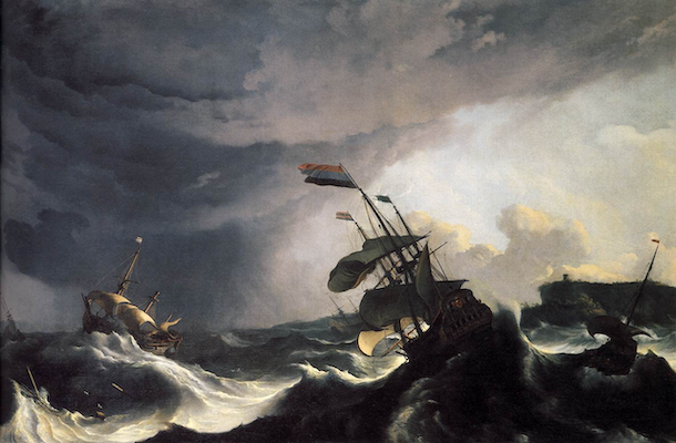 painting of masted ships lurching in waves