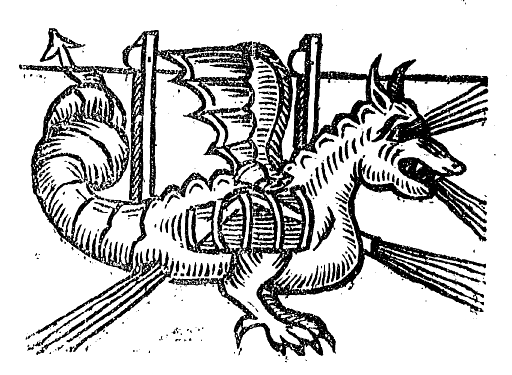 woodcut of dragon spewing fireworks