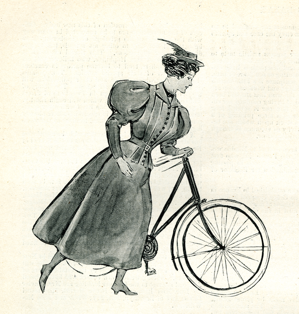 woman with bicycle wearing alpine hat