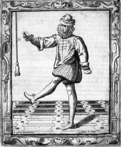 engraving of man dancing with leg aloft, reaching for rope hanging from above