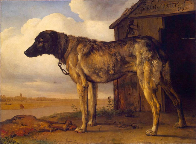 painting of wolfhound chained to doghouse
