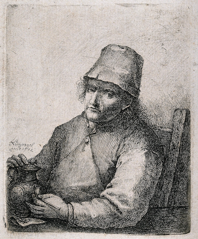 engraving of grim-looking man sitting with jug and pipe