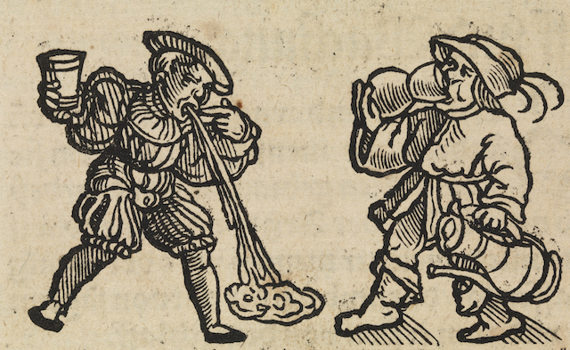 woodcut of two men, one drinking and the other vomiting