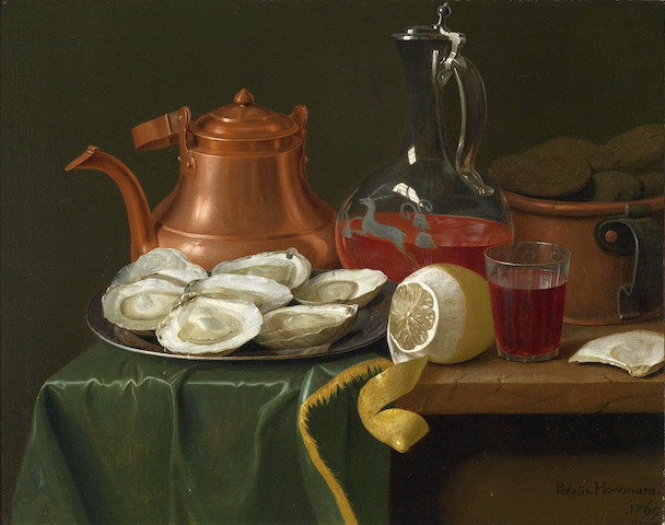 painting of table with oysters, lemon, wine