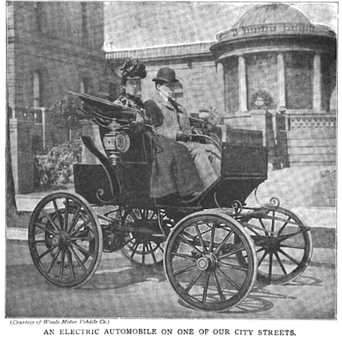 19th-century illustration of "an electric automobile on one of our city streets"