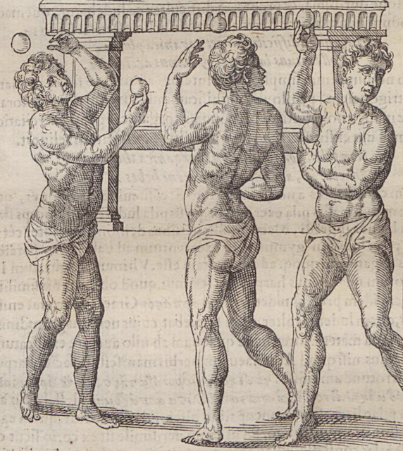 engraving of scantily clad men exercising with small balls
