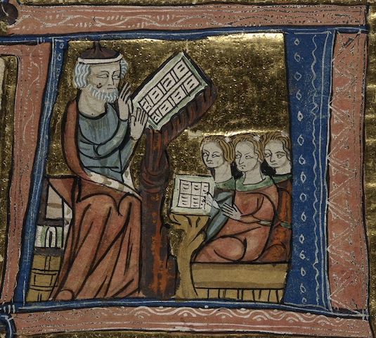 illumination of teacher and three scowling students
