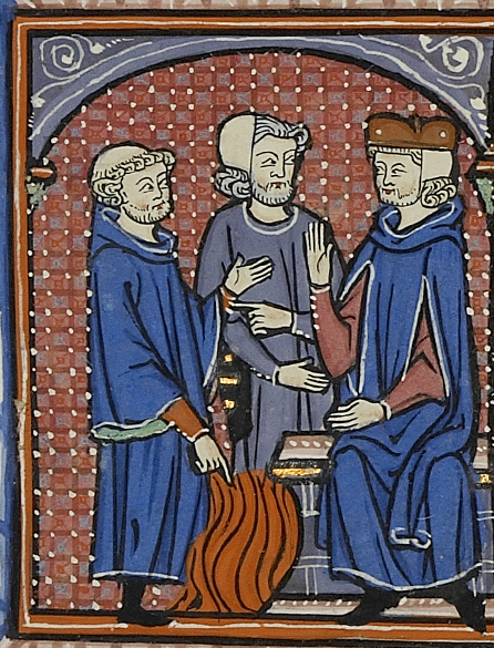 manuscript illustration of three men calmly discussing fire at their feet