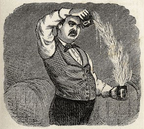 bartender with fancy mustache pouring flames from one mug to another