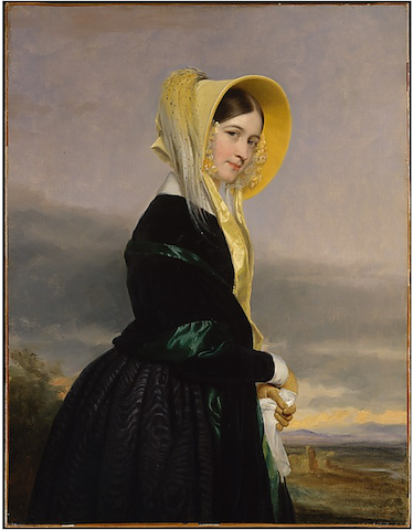 painting of woman gazing coyly and holding handkerchief