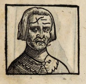 woodcut of creepy guy with strange forehead lines