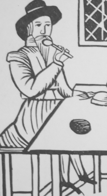 woodcut of man at table with spoon at lips