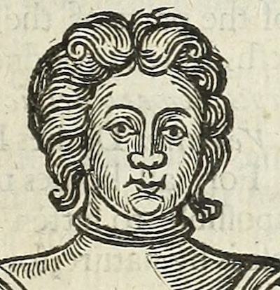 woodcut of woman's head with wavy hair