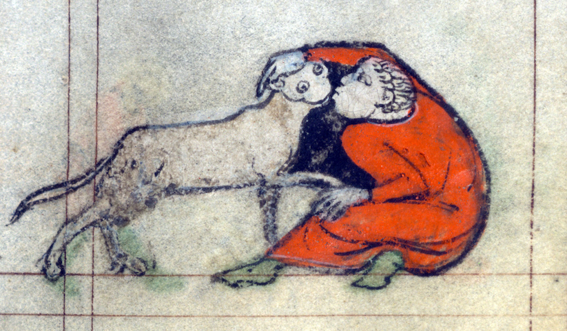 marginal illustration of guy kissing human-sized, googly-eyed cat creature