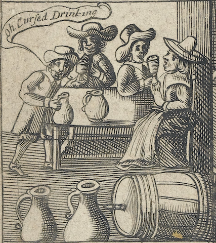 engraving of small party, one drinker with speech bubble "Oh Cursed Drinking"