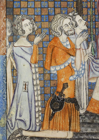 manuscript illustration of four stylish youths at prayer