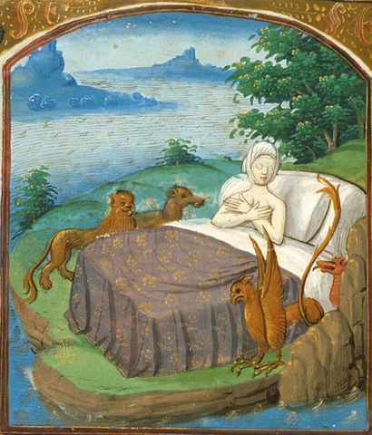 manuscript illustration of woman asleep in outdoor bed surrounded by fantastical beasts