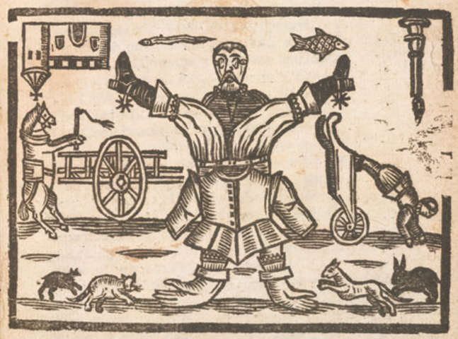 woodcut of man with gloves on feet and boots on hands, horse driving cart, fish flying, mice chasing cats