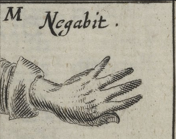 engraving of hand with short fingers performing gesture, labeled "negabit"