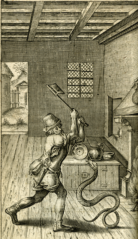 engraving of man preparing to bludgeon attacking snake in house