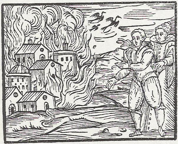 woodcut of two figures gesturing at town on fire