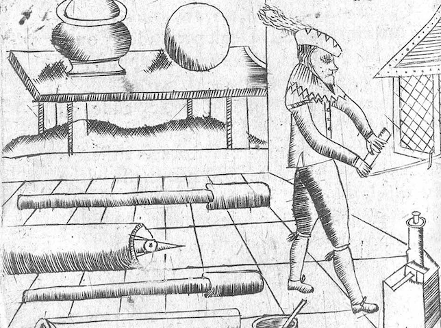 amateurish engraving of man with fireworks equipment