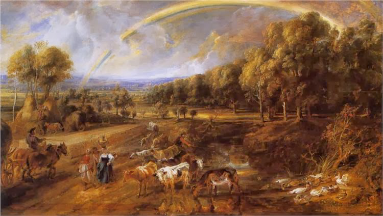painting of animas and peasants in field with rainbow
