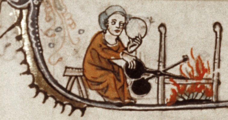 manuscript illustration of woman cooking waffles over open fire