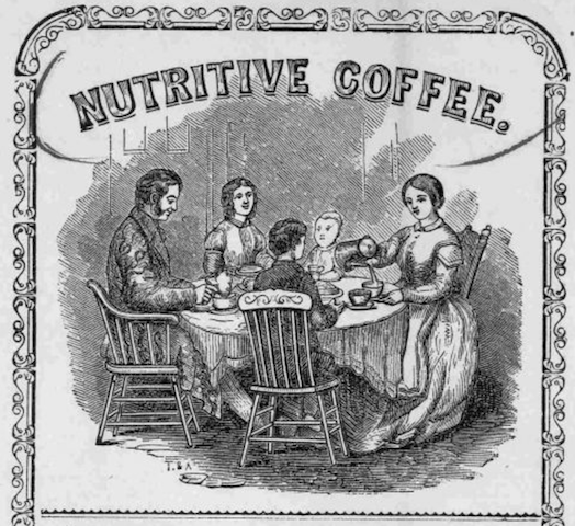 family at table, mother pours coffee