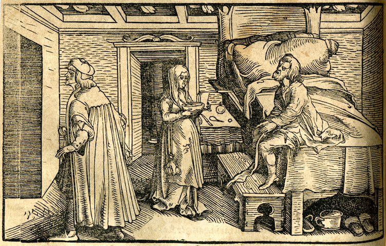 engraving of patient sitting on bed with attendants