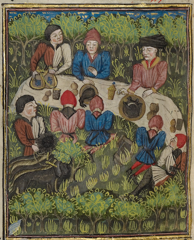 lush illumination of medieval hunters eating in field with dogs
