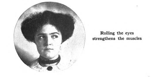 woman looking to side, labeled "Rolling the eyes strengthens the muscles"