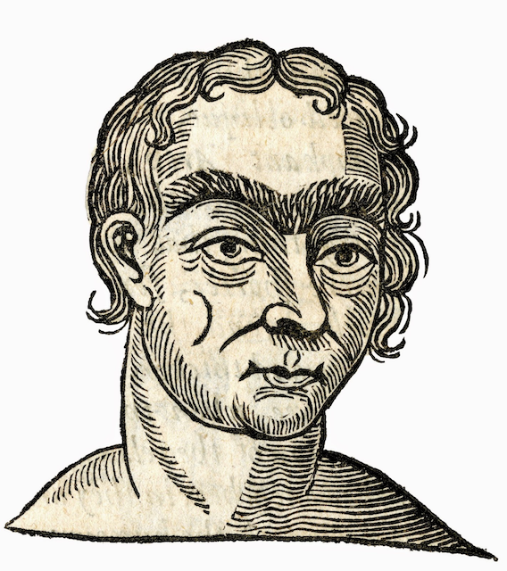 woodcut of man's head with unibrow