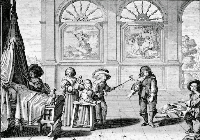 engraving of children playing with toys in chamber