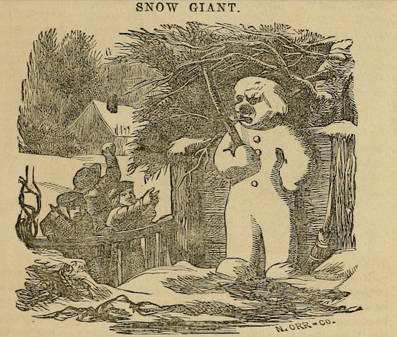 illustration of children and "SNOW GIANT" with pipe