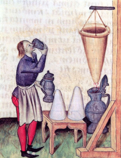 manuscript illustration of man preparing spiced wine with strainer