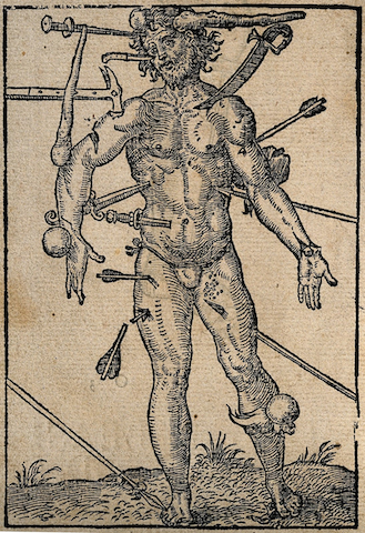engraving of naked man pierced by hammers, spears, swords, cannonballs, clubs