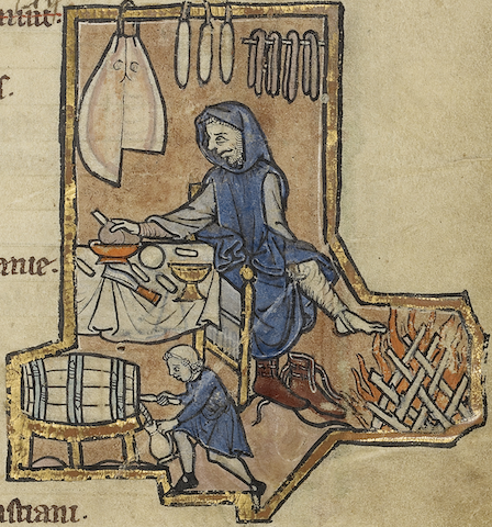illumination of man warming feet at fire while tiny man fills jug from barrel; lots of cured meat